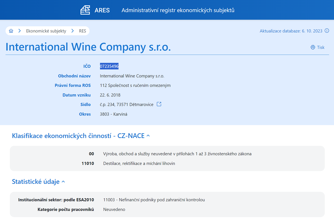 ARES kody NACE dla spółki International Wine Company